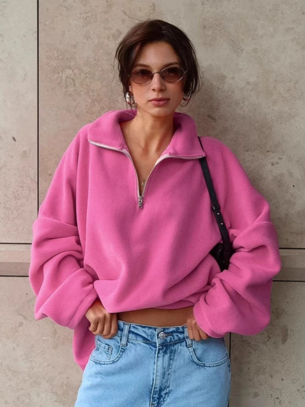 Forever 21 Oversized Pink Fleece Collar Pullover Jacket Fall Winter Streetwear